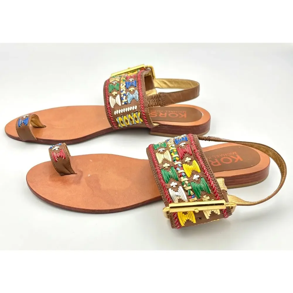 Michael Kors Woven Multicolor Leather Sandals Boho Slingback Toe Loop Size 8 - Picture 3 of 10